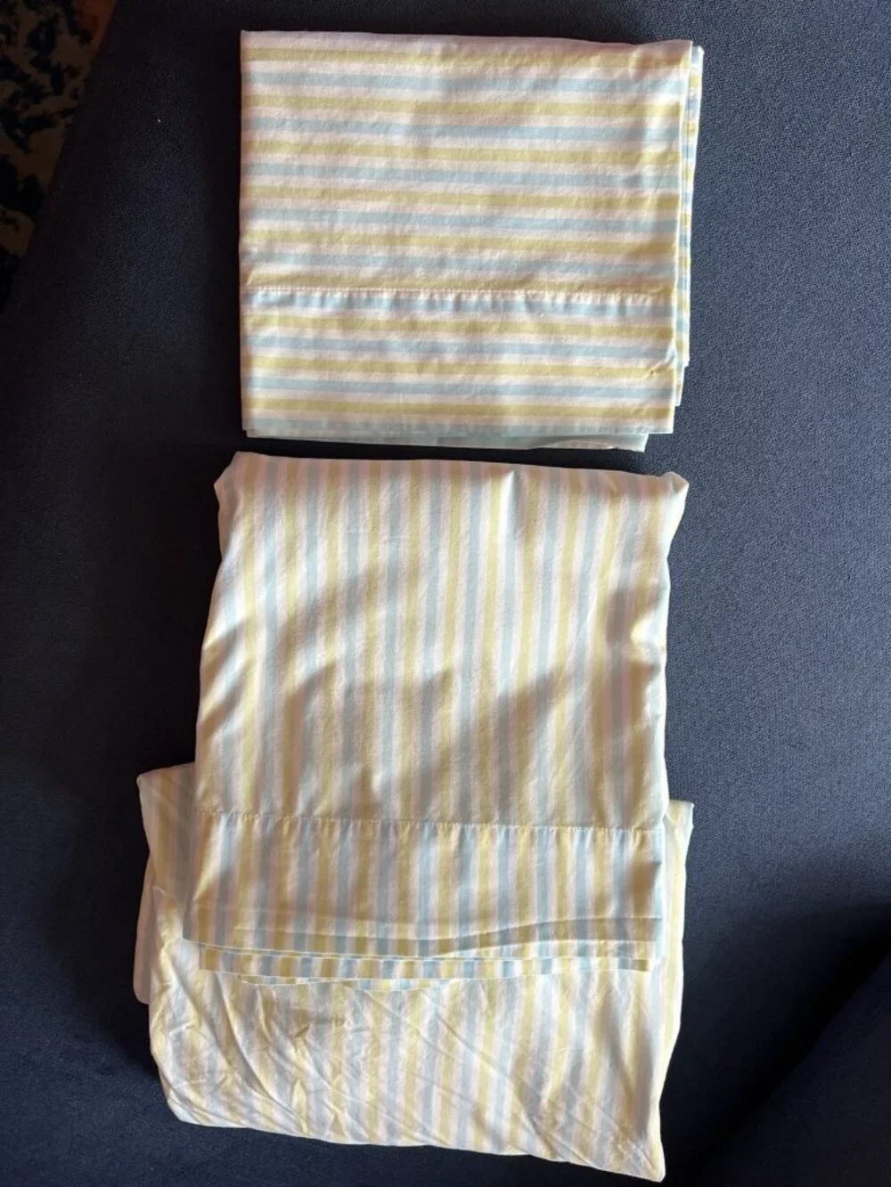 POTTERY BARN KIDS Twin Sheet Set 3 Pc Green Blue Stripe Organic Cotton Portugal